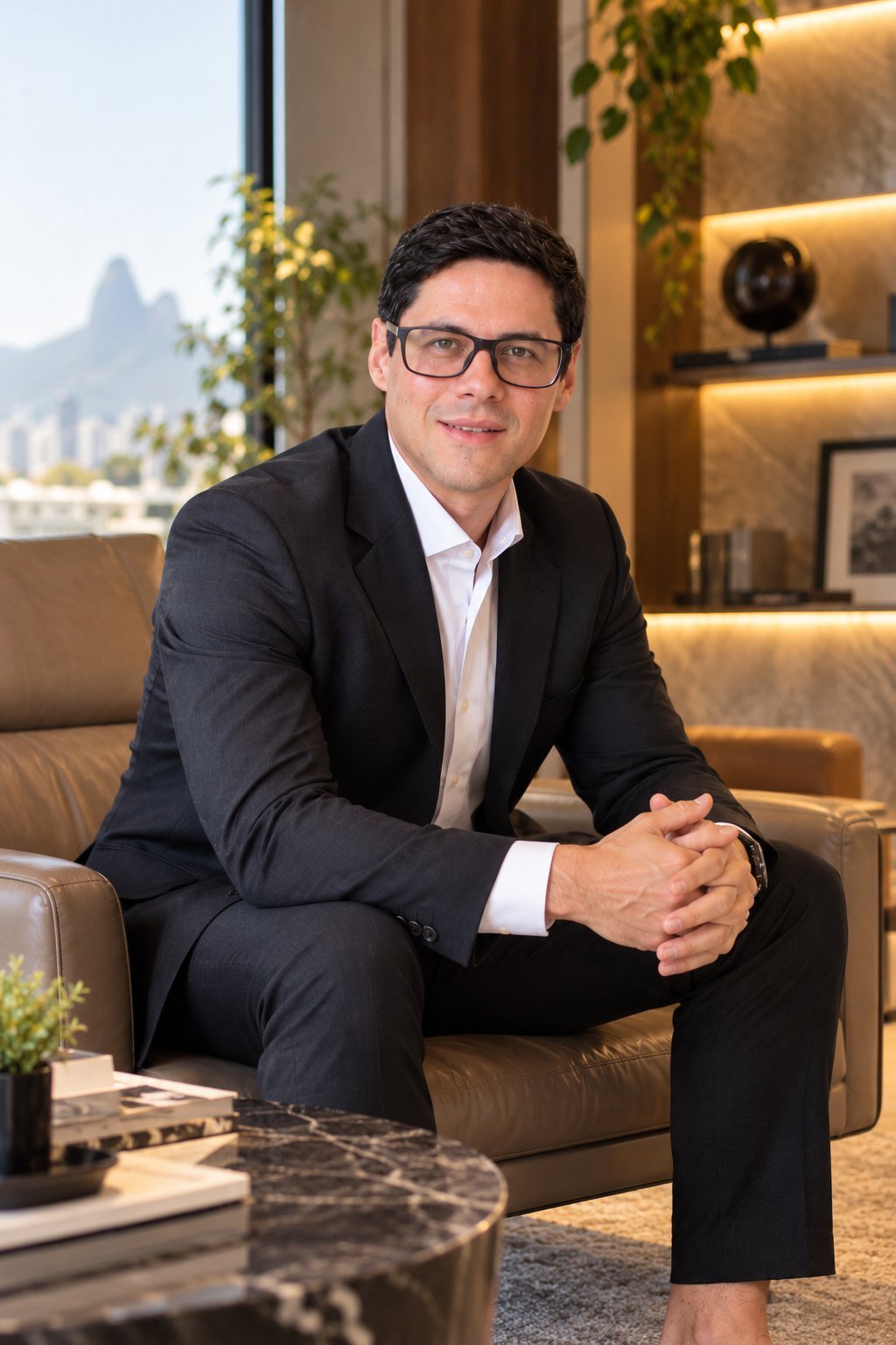 Retrato do Dr. Felipe Matz sentado em um sofá, com janela e montanhas ao fundo